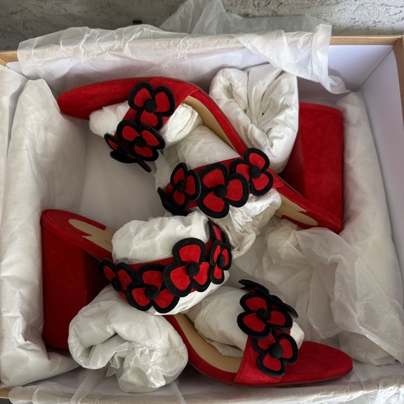 Christian Louboutin Tres Pansy 85 Suede Sandals Womens 42 Red Black Brand NEW - Picture 4 of 12